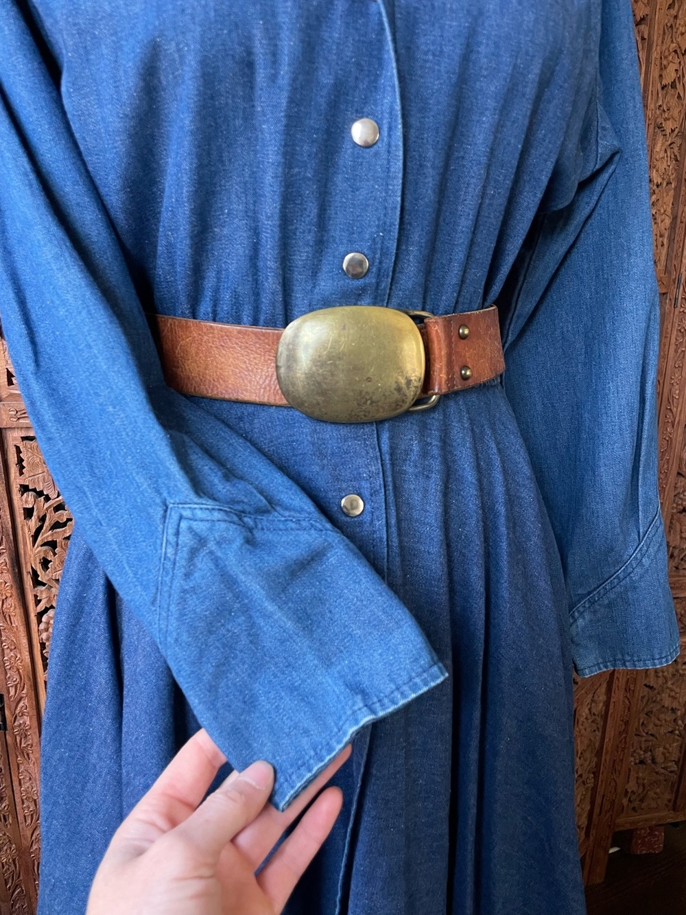 American Vintage Western Denim Jean Button-Front Midi Maxi Dress - Picture 7 of 16